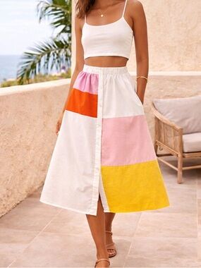 Moodie Colorblock Midi Skirt M A-Line Elastic Waist Pink Yellow Summer